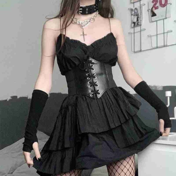 1. Gothic Dark Lace Up Kvinnlig Midja Korsett Bälte Bred PU Läder Black P1 Black P1