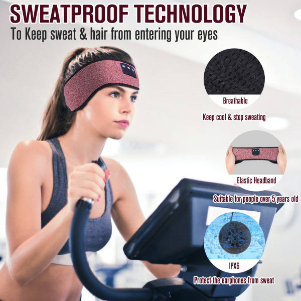 Huvudband med trådlösa Bluetooth-hörlurar, present till män och kvinnor, HiFi-stereomikrofon, 10 timmars speltid, IPX6 vattentät (röd)