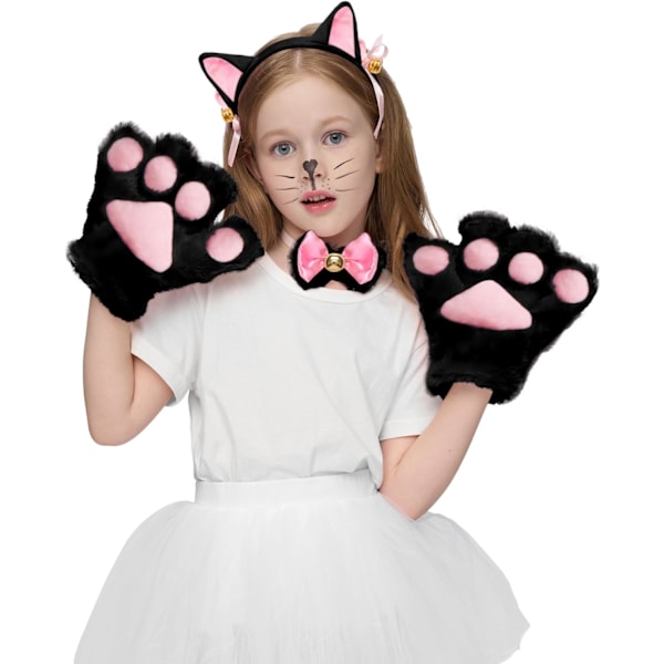 5-pack Kostymtillbehör med Kattungeöron Huvudband Tasshandskar Fluga Svans för Vuxna Barn Cosplay Halloweenfest Klä Upp Set Black One size