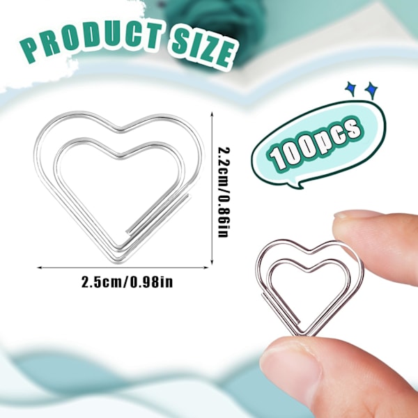 100 stk. Mini Clips, Søde Kærlighedshjerte Clips Metal Clips Små Bogmærker til Sortering Organisering Håndværk Papir Børn Kontor Skole Hjemmebrug (Sølv)