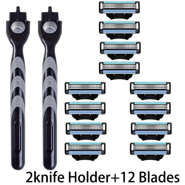 3-kerroks partakoneen terät, miesten manuaalinen partakone ruostumattomasta teräksestä, retro märkäpartakone, uudelleenkäytettävä partakone 2 pidikettä 12 terää 2 Holder  12Blades
