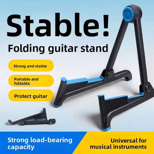 Vikbart gitarrstativ med låg tyngdpunkt, mjuk silikonvaddering och halkfria fötter för akustisk gitarr, elgitarr, bas och fiol, svart/blå