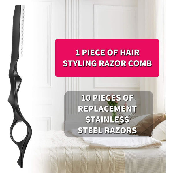11 stk Frisør Razor Hårfortyndingsskam Skær Razor Kam med udskiftelige rustfrie stålblade til hjemme salon brug