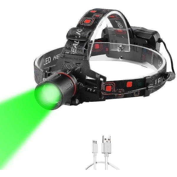 Grönt ljus hovedlampa for mörkerseende, ultraljusgrön pannlampa USB oppladningsbar led jaktstrålkastare