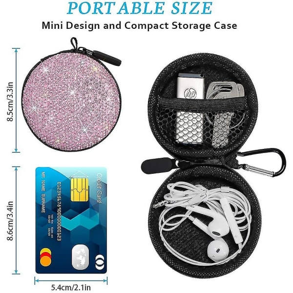 Ørepropper Liten reiseveske Glitrende Rhinestone Bærbar oppbevaringsveske for hodetelefoner med karabinkrok rosa