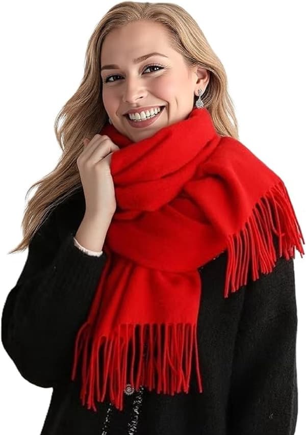 Dame Tørklæde, Blødt Varmt Polyester Imiteret Kashmir Med Kvast, Til Efterårs Vinter Outfits, Rød, 70 x 200 cm Red