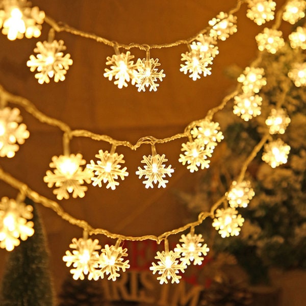 Julbelysning, Snöflinga String Lights Batteridriven 20ft, Varmvit