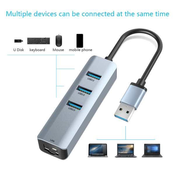 USB Ethernet-adapter med USB 3.0-hub 3-ports USB-hub, højhastighedsdataoverførsel USB-splitter til bærbar computer, mobil harddisk