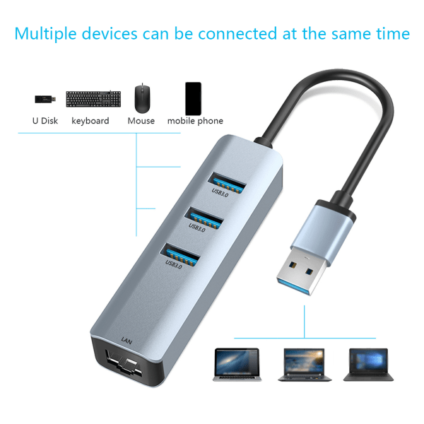 USB Ethernet-adapter med USB 3.0 Hub 3-ports USB-hub, høyhastighets dataoverføring USB-splitter for bærbar PC, mobil harddisk