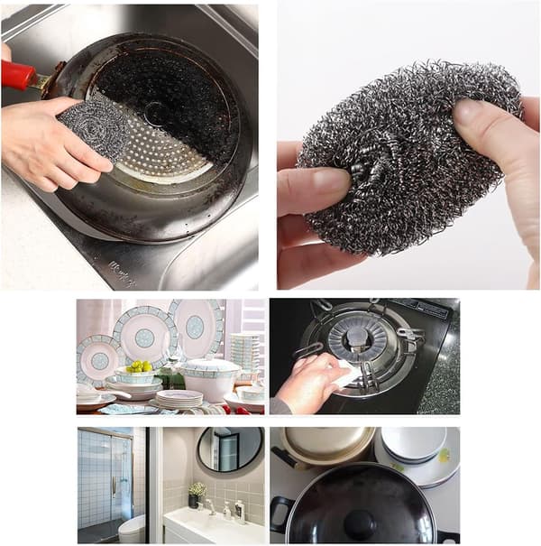 Rostfria stålullssvampar 6-pack, rostfria skursvampar för kastruller, pannor, grillar och diskhoar, flexibla kökssvampar, 9 cm