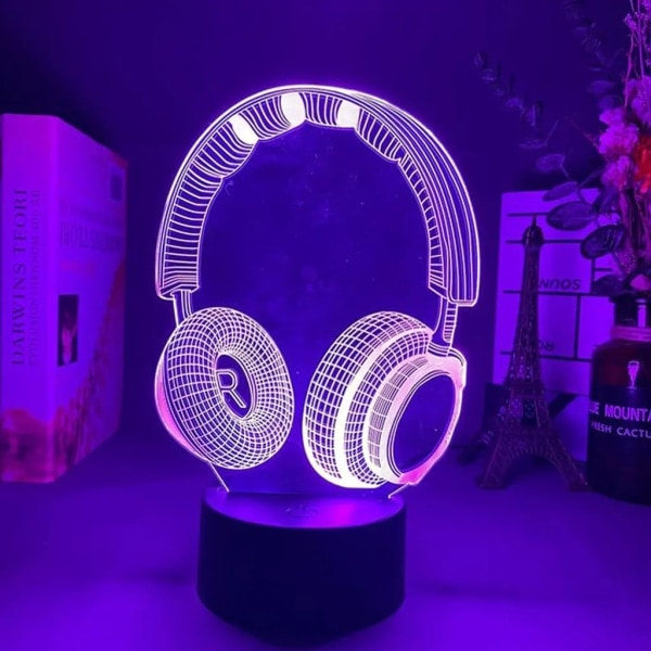Headset Hovedtelefoner 3D-lampe LED Akryl Touch Natlys Gave til venner Kawaii Soveværelsesbord Dekoration Spil Opsætning 3D Illusionslampe 16 Farver Sort base 16 Color Black base