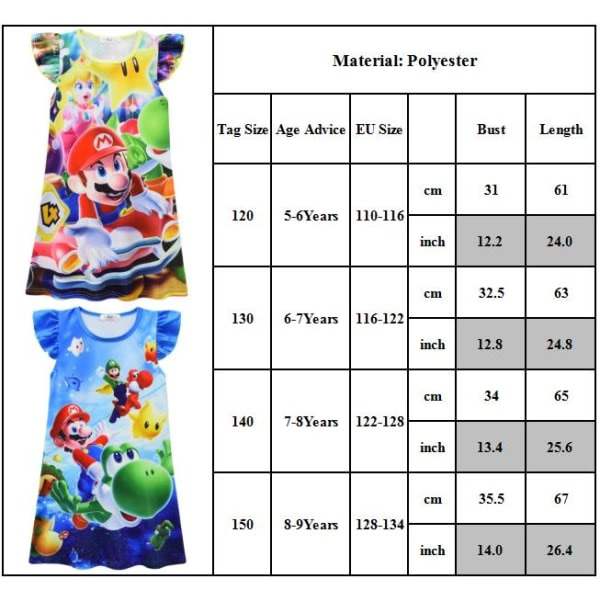 Nattlinne för flickor Super Mario Nattlinne Sommar Nattklänning A 120cm