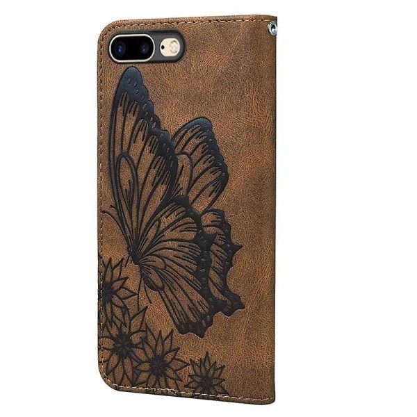 Retro hudfølelse sommerfugler preging horisontal flip case med holder & kortlommer & lommebok for Iphone 8 Plus / 7plus (brun)