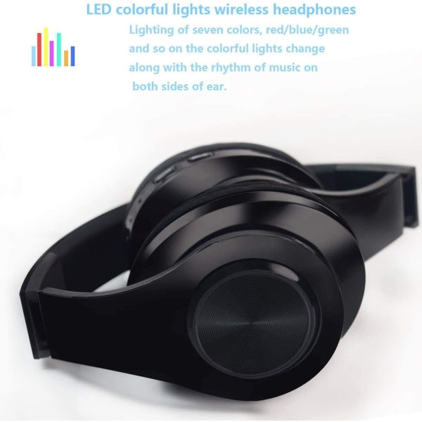 Bluetooth-hörlurar Trådlösa Over Ear-hopfällbara headset med mikrofon-LED ，Trådbundna och trådlösa headset för smarttelefon/TV/PC