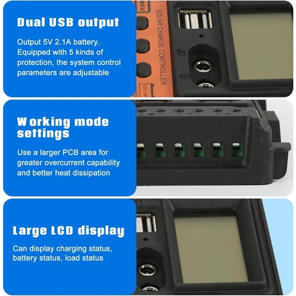 Solar Charge Controller PWM 30A 12V/24V med LCD & Dobbelt USB til Solpanel