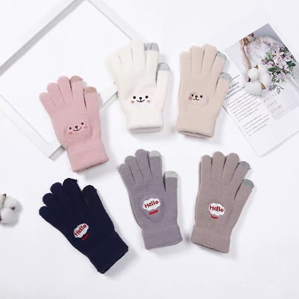 1 pari talviset plyysihanskat Smile Stickad Five Finger Touch White One Size White One Size