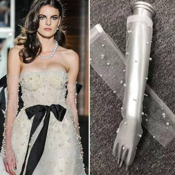 Rynkede Mesh Handsker Elegante Lange Håndledslange Tulle Kunstige Perlebesatte Bryllupsvanter