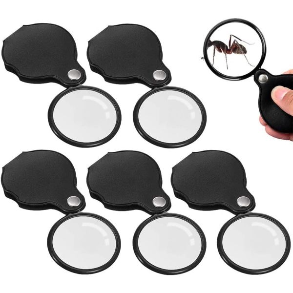 5 stk Mini leselupe lommeforstørrelsesglass x10 sammenleggbar lommeforstørrelsesglass sklisikker mykt gummihåndtak for vitenskapelige bøker Aviser, lesing, insekter
