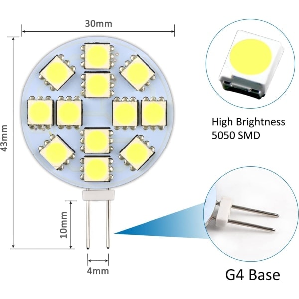 G4 LED-pære 2W, AC/DC12-24V, 200LM Cool White 6000K, 12x 5050SMD, 20w Halogenækvivalent, Ikke-dæmpbar, G4 Runde LED-pære, 6-pakning