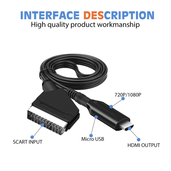 SCART til HDMI-kabel - SCART til HDMI-adapter - Alt i et SCART til HDMI Audio Video Converter 1080p/720p