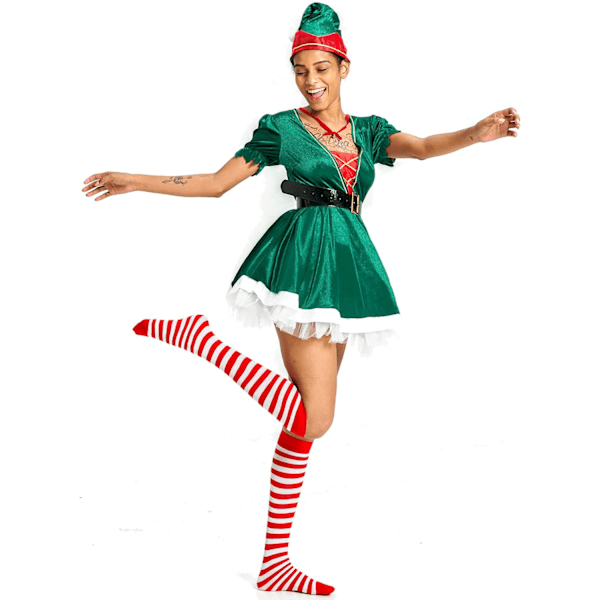 Julekostume til kvinder - Santa Elf Kjole til Rolleleg, Festgave, Voksen Fæstekjole med Hat, Bælte, Strømpe og Halskæde - S-XL Green M