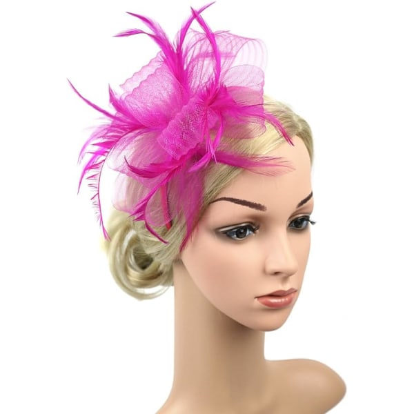 Dam Fascinator Hatt Blomma Fascinator Bröllop Fascinator Pannband Fjäder Bröllopshuvudbonad Huvudbonad Hatt Bowler Mini Top Hat Hårklämmor (rosa röd)