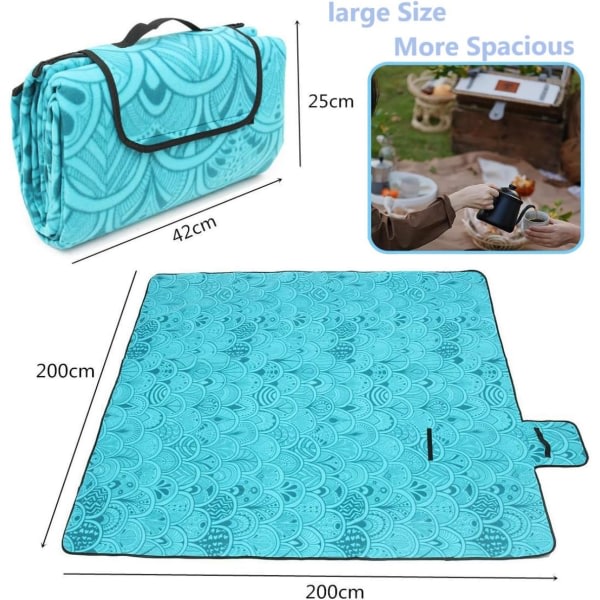 Picknickfilt, vattentät, hopfällbar, för camping, strand, trädgård, med handtag, picknickfilt med vattentät baksida 200 x 200 cm (Peacock Blue)