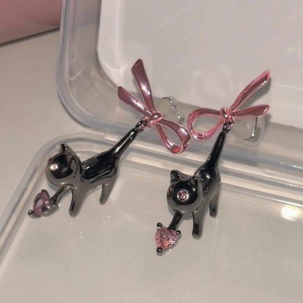 Svart katt rosa hjärta strass rosett drop örhängen för kvinnor Swe