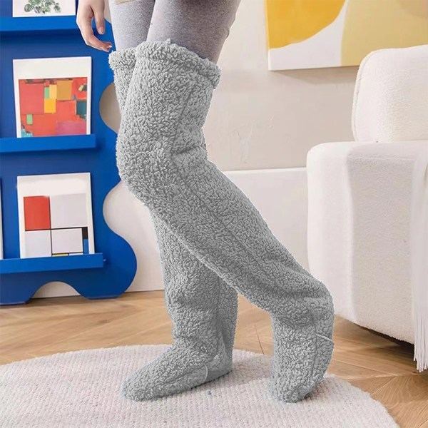 Over Knee High Fuzzy Long Socks Plyschstrumpor Benvärmare Vinn Grå one size Gray one size