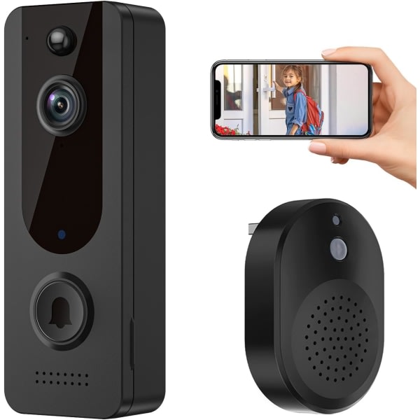Trådløs dörrklockakamera, WiFi-videodørklocka, for overvågning indenforhus/utomhus, ringsignal medfølger, smart menneskelig opdagelse, 2-vägsljud, mörkerseende