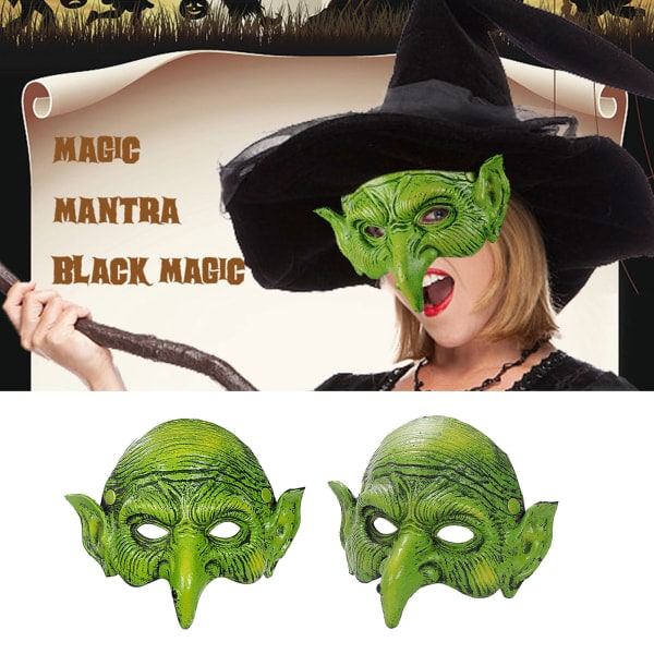 Grön häxmask Skräck läskig halvansikts häxmask Pu-skummande mask med lång näsa Halloween Skrämmande Cosplay-kostymer
