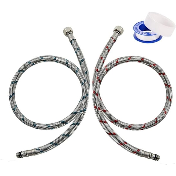 Rostfri Stålomspunnen Vattenslang 80cm, G3/8 x M10, 2 Stycken med Tätningstejp för Köksblandare