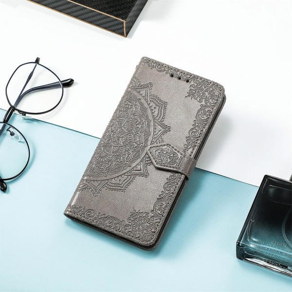 Case för Motorola Edge X30 Cover Emboss Mandala Läderplånbok Magnetisk Flip Case Korthållare - Grön Grey A