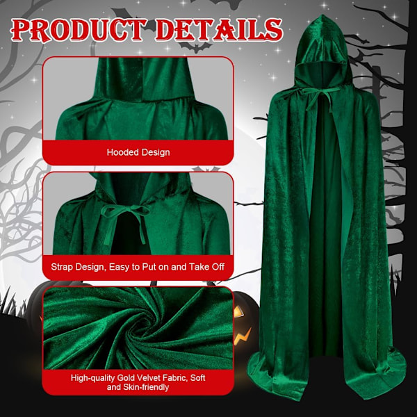 Vuxen Huva Kåpa, Vampyr Cape Häxa Kåpa, Vuxen Maskeraddräkt för Halloween Jul Fest Karneval Cosplay Mörkgrön - 150cm