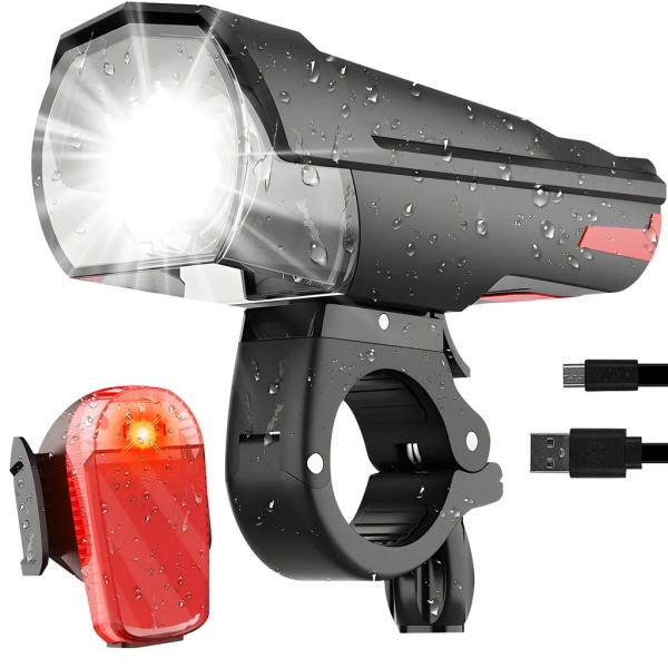 Sykkellys LED-sett StVZO-godkjent 2200 mAh frontlys og baklys sett vanntett USB-oppladbar 380 lumen Retoo