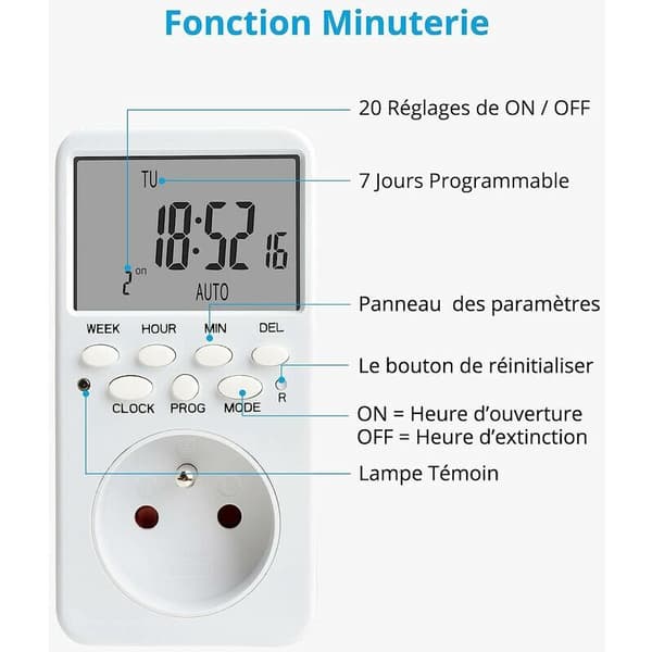 Digital Programmerbar Stikkontakt, Ukentlig Elektrisk Uttaks Timer med 20 Programmer, 24H Timer Stikkontakt med LCD-Skjerm Energisparing for Hjemmet