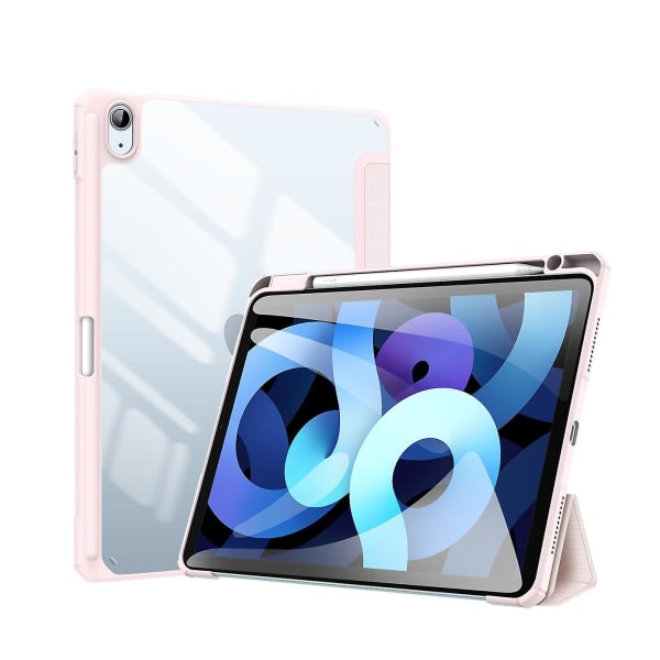 For Ipad Air 4 10.9 2020- etui, Folio Tri-Fold Stand Smart Case med avtagbart smalt hårt ska genomskinlig bagside - rosa