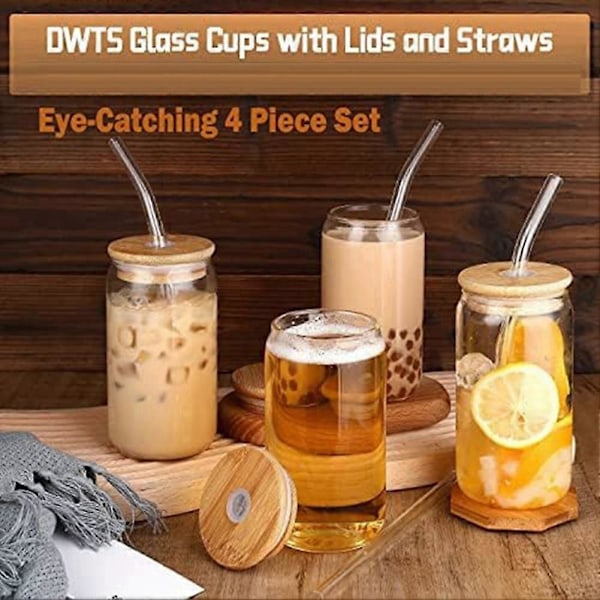 Glas Krus 473ml, Glas Krus med Låg og Sugerør 4 stk. Kaffekrus, Drikkeglas