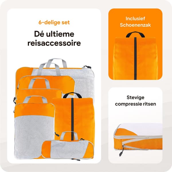Set med 6 kompressionspackväskor, 60 % platsbesparande reseorganisatör med skopåse, lätt 210D ripstop-polyester, orange