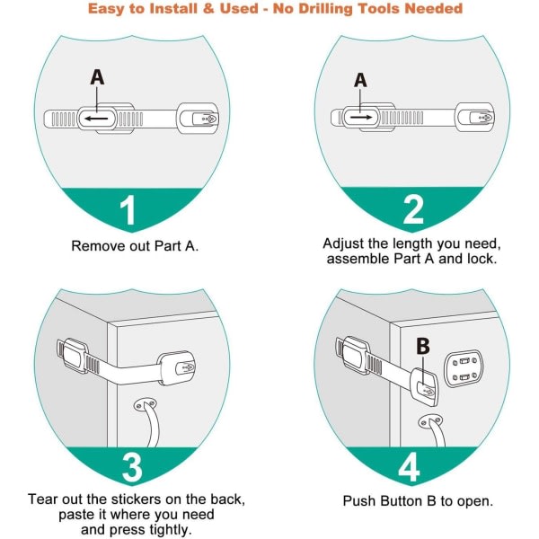 12-pakning barnesikre babysperrer for skuffer, kjøleskap, oppvaskmaskin, toalettsete, skap, ovn, søppelbøtte, ingen boring, gjenbrukbar lim