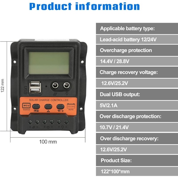 Solar Charge Controller PWM 30A 12V/24V med LCD & Dobbelt USB til Solpanel