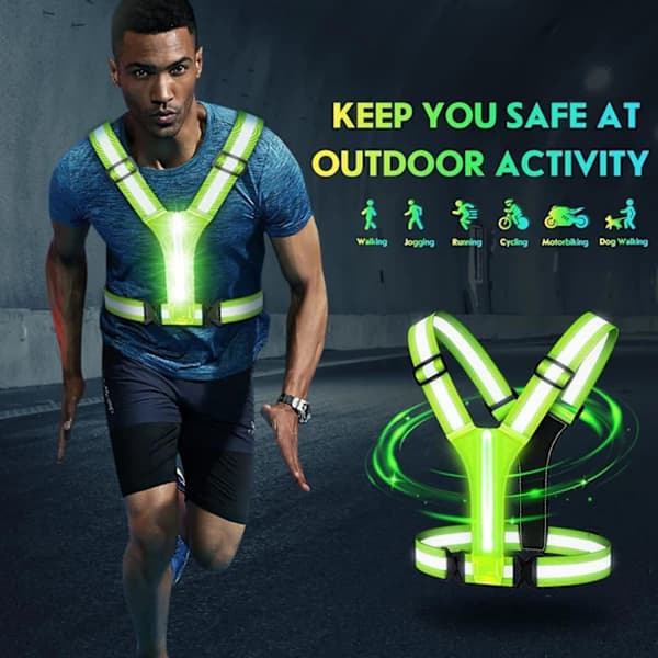 LED Reflective Vest, USB Rechargeable, Adjustable Waist/Shoulder - Green