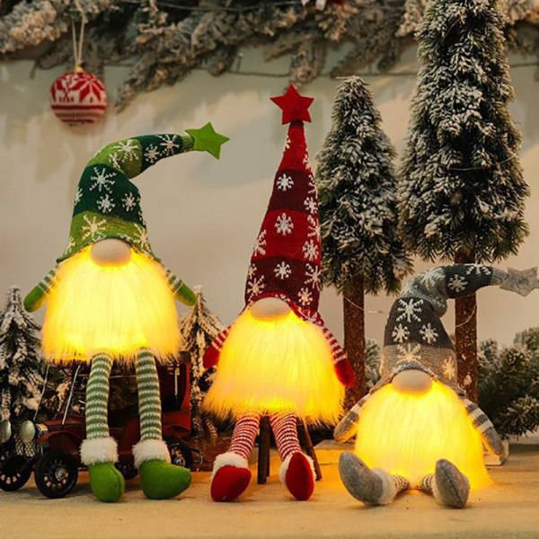 God Jul LED Lysende Ansigtsløs Skov Gammel Mand Elf Dukke O Rød Lange Ben