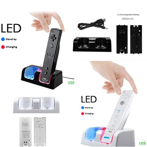 Fjernbetjening Dual Charging Dock Station+ 2 batterier til Wii Gamepad, Oplader med LED-lampe Sort