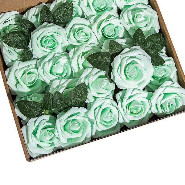Kunstige blomster 25 stk falske roser med stilke og 2 blade til bryllupsbuketter til gør-det-selv festdekoration grøn green