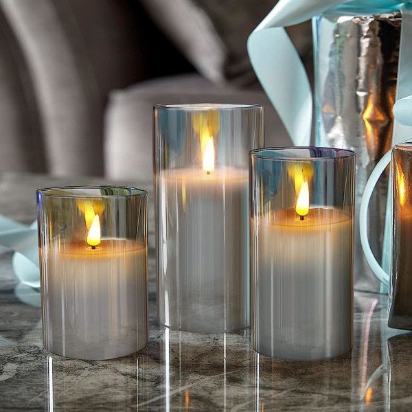 CDQ Grå Glasset, 3 Stycken (D: 3\" XH: 4\"/5\"/6\"), Riktigt Flimmer Batteridriven Ljus, Riktigt Vax LED Kolonn Ljus, med 10-knapps Fjärrkontroll