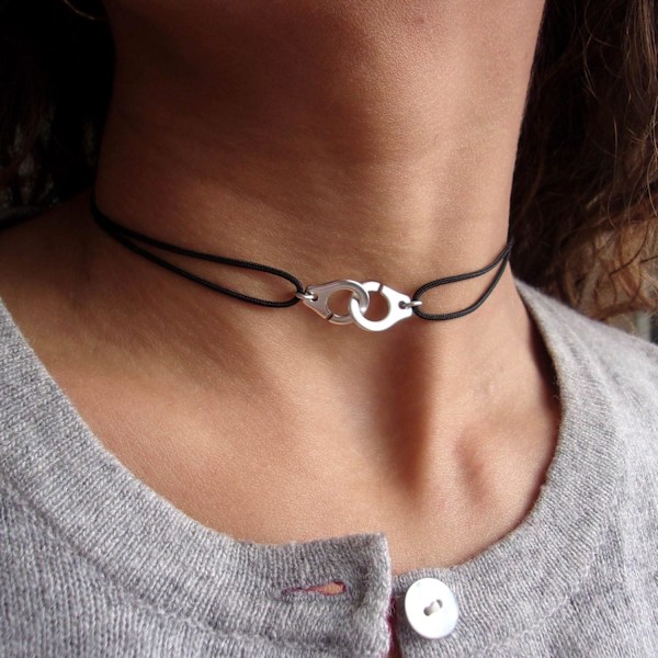 Halsband - Ras-de-cou - Silverfärgade Handbojor - Svart Snöre - Justerbart