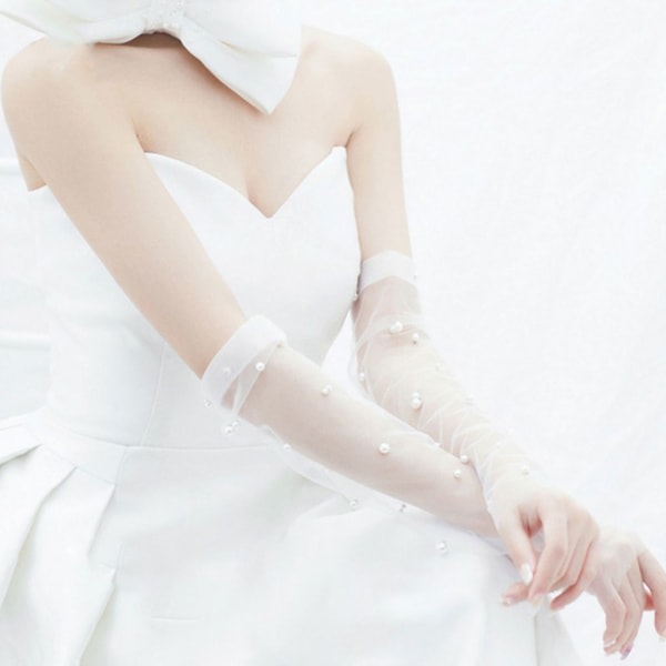Ruched Mesh Handsker Elegante lange høflighed Tulle Faux Pearl Beaded Bryllupsvanter