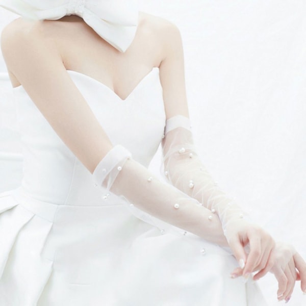 Rynkede Mesh Handsker Elegante Lange Håndledslange Tulle Kunstige Perlebesatte Bryllupsvanter