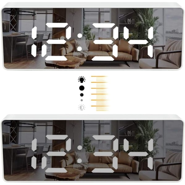 Spegelväckarklocka, digital väckarklocka med 6,5\" LED-display för datum/temperatur, justerbar ljusstyrka Snooze-väckarklocka för resor/sovrum/kontor/kök, USB -driven och batteribackup-vit